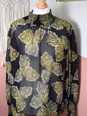 noah Black Mustard Botanical Print Sheer Smocked Blouse Boho Size XL